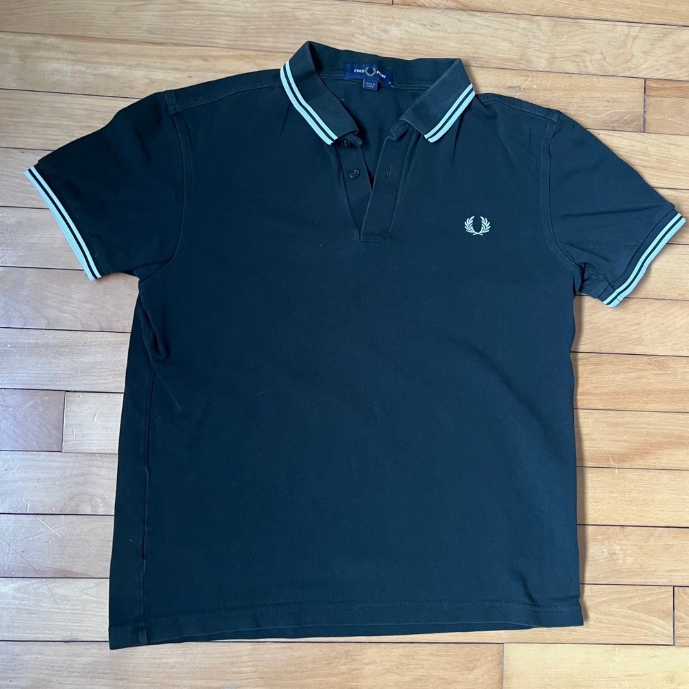 Fred Perry Mens Twin Tipped Polo Shirt Dark Green / Black Size M Short Sleeve